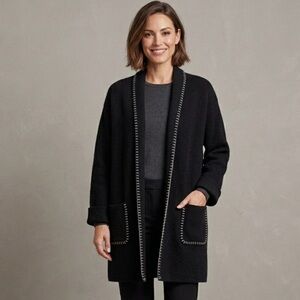 Magaschoni Knit Longline Cardigan Contrast Stitching Women Large Black Luxurious